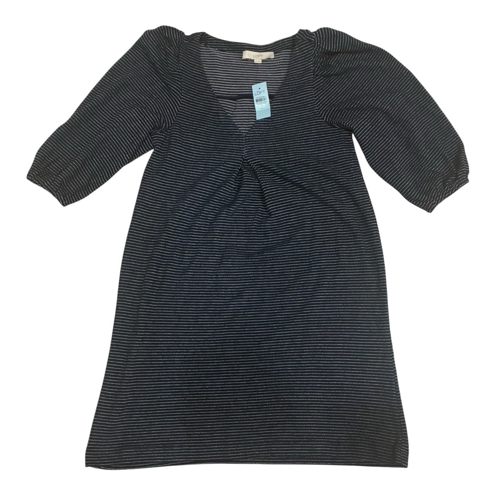 NWT Ann Taylor LOFT Womens Small Navy White Striped 3/4 Sleeve Dress Petite